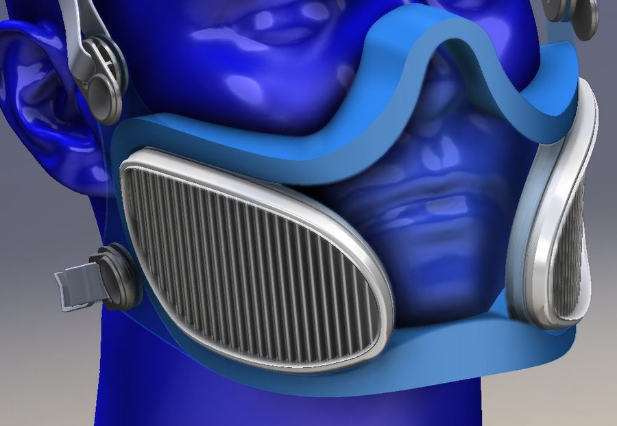 3D render of the ClearWorks respirator showing the twin filter assembly and transparent shell